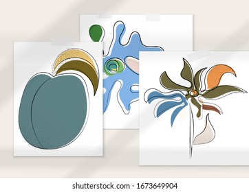 Abstract hand drawn vector artistic poster set with shadow overlay. Line art artistic illustration with texture. Retro flat colors organic natural design. Organic healthy vegan doodle.