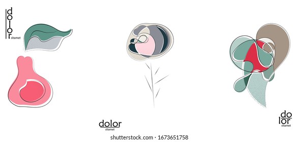 Abstract hand drawn vector artistic logo set isolated on white. Line art artistic illustration with texture. Retro flat colors organic natural Eco food design. Organic healthy vegan doodle.