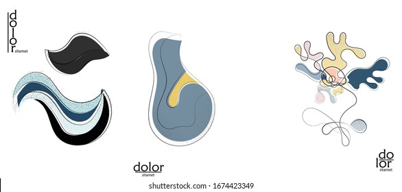 Abstract hand drawn vector artistic logo set isolated on white. Line art artistic illustration with texture. Retro flat colors organic natural Eco food design. Organic healthy vegan doodle.