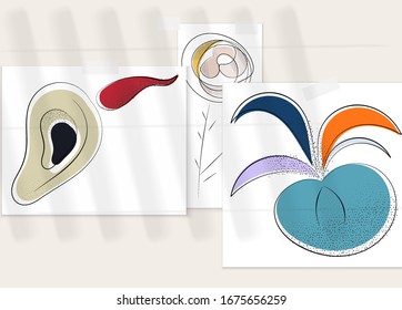 Abstract hand drawn vector artistic poster set with shadow overlay. Line art artistic illustration with texture. Retro flat colors organic natural design. Organic healthy vegan doodle.