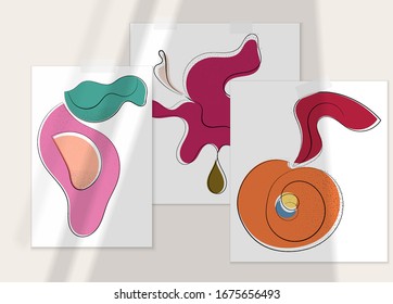 Abstract hand drawn vector artistic poster set with shadow overlay. Line art artistic illustration with texture. Retro flat colors organic natural design. Organic healthy vegan doodle.