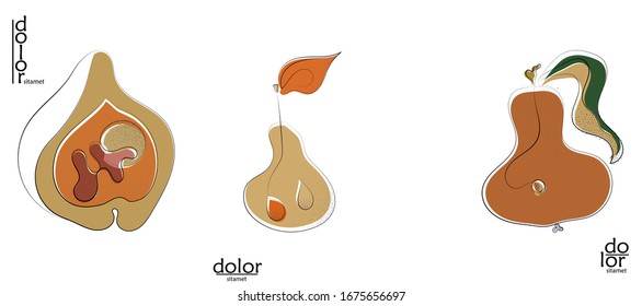 Abstract hand drawn vector artistic logo set isolated on white. Line art artistic illustration with texture. Retro flat colors organic natural Eco food design. Organic healthy vegan doodle.