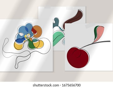 Abstract hand drawn vector artistic poster set with shadow overlay. Line art artistic illustration with texture. Retro flat colors organic natural design. Organic healthy vegan doodle.