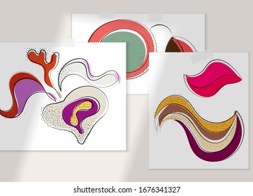 Abstract hand drawn vector artistic poster set with shadow overlay. Line art artistic illustration with texture. Retro flat colors organic natural design. Organic healthy vegan doodle.
