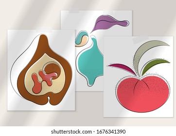 Abstract hand drawn vector artistic poster set with shadow overlay. Line art artistic illustration with texture. Retro flat colors organic natural design. Organic healthy vegan doodle.
