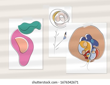 Abstract hand drawn vector artistic poster set with shadow overlay. Line art artistic illustration with texture. Retro flat colors organic natural design. Organic healthy vegan doodle.