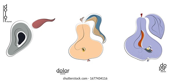 Abstract hand drawn vector artistic logo set isolated on white. Line art artistic illustration with texture. Retro flat colors organic natural Eco food design. Organic healthy vegan doodle.