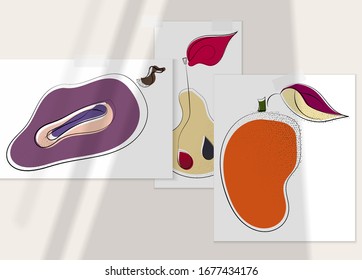 Abstract hand drawn vector artistic poster set with shadow overlay. Line art artistic illustration with texture. Retro flat colors organic natural design. Organic healthy vegan doodle.