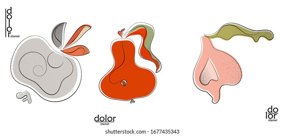 Logo artístico vector dibujado a mano aislado en blanco. Ilustración artística de línea con textura. Colores planos retro diseño ecológico natural de los alimentos ecológicos. Doodle vegetal orgánico sano.