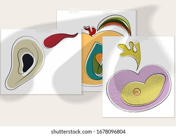 Abstract hand drawn vector artistic poster set with shadow overlay. Line art artistic illustration with texture. Retro flat colors organic natural design. Organic healthy vegan doodle.