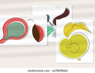 Abstract hand drawn vector artistic poster set with shadow overlay. Line art artistic illustration with texture. Retro flat colors organic natural design. Organic healthy vegan doodle.