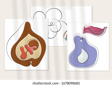 Abstract hand drawn vector artistic poster set with shadow overlay. Line art artistic illustration with texture. Retro flat colors organic natural design. Organic healthy vegan doodle.