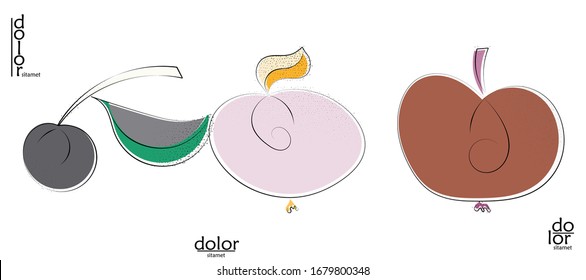 Abstract hand drawn vector artistic logo set isolated on white. Line art artistic illustration with texture. Retro flat colors organic natural Eco food design. Organic healthy vegan doodle.