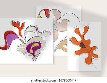 Abstract hand drawn vector artistic poster set with shadow overlay. Line art artistic illustration with texture. Retro flat colors organic natural design. Organic healthy vegan doodle.