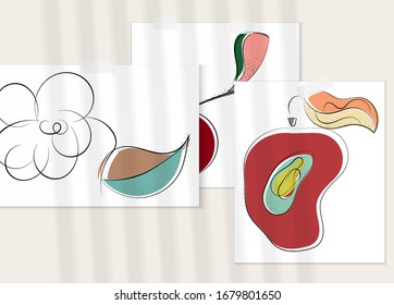 Abstract hand drawn vector artistic poster set with shadow overlay. Line art artistic illustration with texture. Retro flat colors organic natural design. Organic healthy vegan doodle.