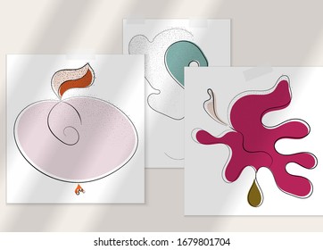 Abstract hand drawn vector artistic poster set with shadow overlay. Line art artistic illustration with texture. Retro flat colors organic natural design. Organic healthy vegan doodle.