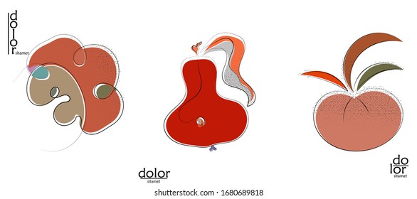 Abstract hand drawn vector artistic logo set isolated on white. Line art artistic illustration with texture. Retro flat colors organic natural Eco food design. Organic healthy vegan doodle.