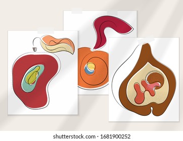 Afiche artístico vector dibujado a mano con superposición en la sombra. Ilustración artística de línea con textura. Color retro plano diseño natural orgánico. Doodle vegetal orgánico sano.