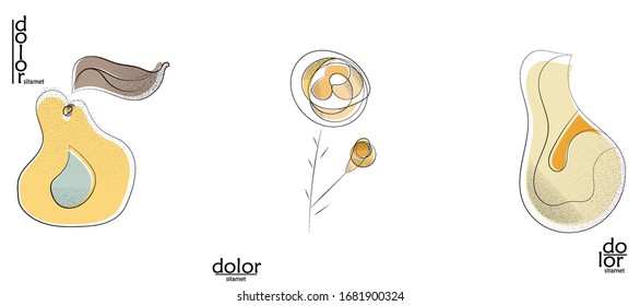 Abstract hand drawn vector artistic logo set isolated on white. Line art artistic illustration with texture. Retro flat colors organic natural Eco food design. Organic healthy vegan doodle.