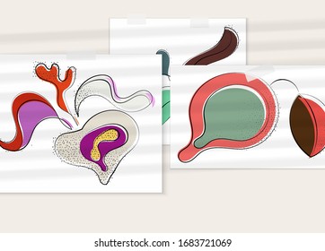Abstract hand drawn vector artistic poster set with shadow overlay. Line art artistic illustration with texture. Retro flat colors organic natural design. Organic healthy vegan doodle.