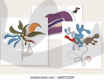 Afiche artístico vector dibujado a mano con superposición en la sombra. Ilustración artística de línea con textura. Color retro plano diseño natural orgánico. Doodle vegetal orgánico sano.