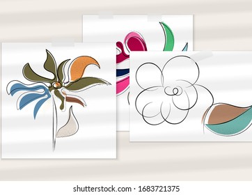 Abstract hand drawn vector artistic poster set with shadow overlay. Line art artistic illustration with texture. Retro flat colors organic natural design. Organic healthy vegan doodle.