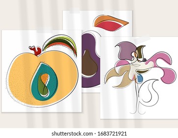 Abstract hand drawn vector artistic poster set with shadow overlay. Line art artistic illustration with texture. Retro flat colors organic natural design. Organic healthy vegan doodle.