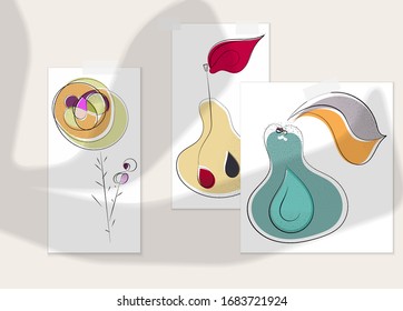 Afiche artístico vector dibujado a mano con superposición en la sombra. Ilustración artística de línea con textura. Color retro plano diseño natural orgánico. Doodle vegetal orgánico sano.
