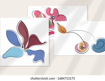 Abstract hand drawn vector artistic poster set with shadow overlay. Line art artistic illustration with texture. Retro flat colors organic natural design. Organic healthy vegan doodle.