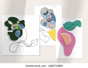 Abstract hand drawn vector artistic poster set with shadow overlay. Line art artistic illustration with texture. Retro flat colors organic natural design. Organic healthy vegan doodle.