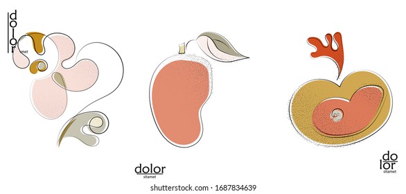 Abstract hand drawn vector artistic logo set isolated on white. Line art artistic illustration with texture. Retro flat colors organic natural Eco food design. Organic healthy vegan doodle.