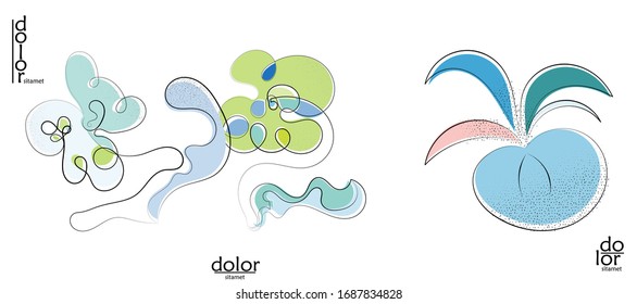 Abstract hand drawn vector artistic logo set isolated on white. Line art artistic illustration with texture. Retro flat colors organic natural Eco food design. Organic healthy vegan doodle.