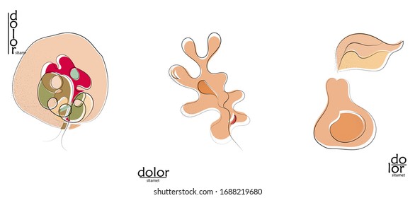 Abstract hand drawn vector artistic logo set isolated on white. Line art artistic illustration with texture. Retro flat colors organic natural Eco food design. Organic healthy vegan doodle.