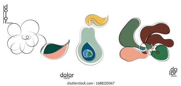 Abstract hand drawn vector artistic logo set isolated on white. Line art artistic illustration with texture. Retro flat colors organic natural Eco food design. Organic healthy vegan doodle.