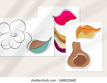 Abstract hand drawn vector artistic poster set with shadow overlay. Line art artistic illustration with texture. Retro flat colors organic natural design. Organic healthy vegan doodle.