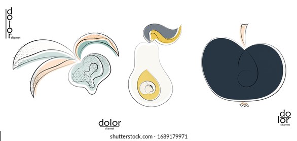 Abstract hand drawn vector artistic logo set isolated on white. Line art artistic illustration with texture. Retro flat colors organic natural Eco food design. Organic healthy vegan doodle.