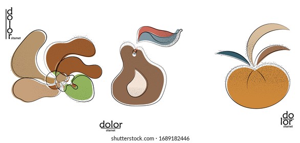 Abstract hand drawn vector artistic logo set isolated on white. Line art artistic illustration with texture. Retro flat colors organic natural Eco food design. Organic healthy vegan doodle.