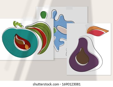 Abstract hand drawn vector artistic poster set with shadow overlay. Line art artistic illustration with texture. Retro flat colors organic natural design. Organic healthy vegan doodle.