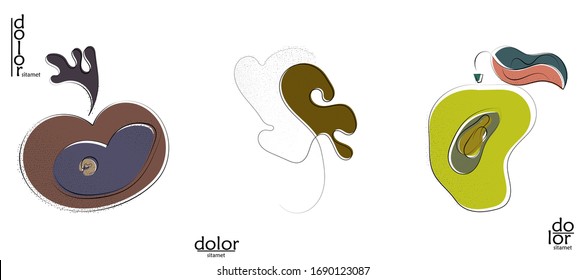Abstract hand drawn vector artistic logo set isolated on white. Line art artistic illustration with texture. Retro flat colors organic natural Eco food design. Organic healthy vegan doodle.