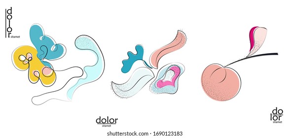 Abstract hand drawn vector artistic logo set isolated on white. Line art artistic illustration with texture. Retro flat colors organic natural Eco food design. Organic healthy vegan doodle.