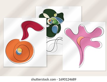 Abstract hand drawn vector artistic poster set with shadow overlay. Line art artistic illustration with texture. Retro flat colors organic natural design. Organic healthy vegan doodle.