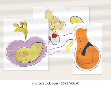 Abstract hand drawn vector artistic poster set with shadow overlay. Line art artistic illustration with texture. Retro flat colors organic natural design. Organic healthy vegan doodle.