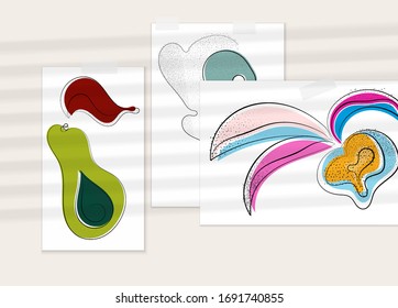 Abstract hand drawn vector artistic poster set with shadow overlay. Line art artistic illustration with texture. Retro flat colors organic natural design. Organic healthy vegan doodle.