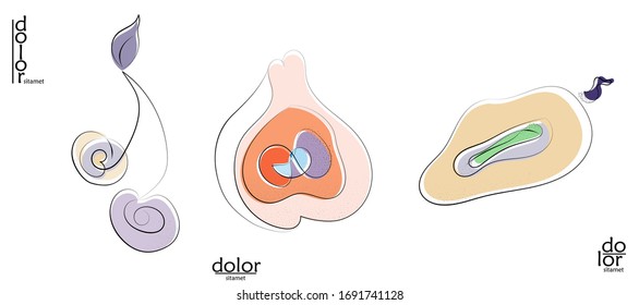 Abstract hand drawn vector artistic logo set isolated on white. Line art artistic illustration with texture. Retro flat colors organic natural Eco food design. Organic healthy vegan doodle.