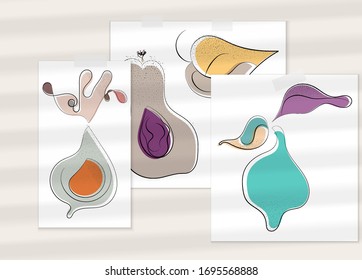 Abstract hand drawn vector artistic poster set with shadow overlay. Line art artistic illustration with texture. Retro flat colors organic natural design. Organic healthy vegan doodle.