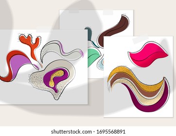 Abstract hand drawn vector artistic poster set with shadow overlay. Line art artistic illustration with texture. Retro flat colors organic natural design. Organic healthy vegan doodle.