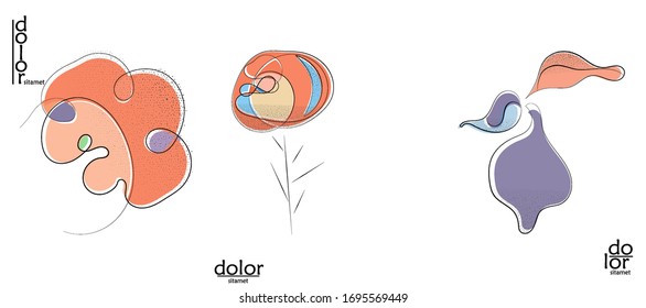 Abstract hand drawn vector artistic logo set isolated on white. Line art artistic illustration with texture. Retro flat colors organic natural Eco food design. Organic healthy vegan doodle.