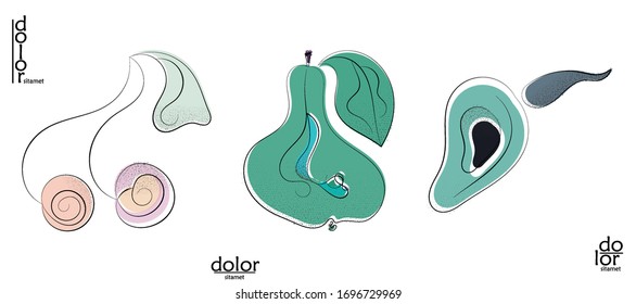 Abstract hand drawn vector artistic logo set isolated on white. Line art artistic illustration with texture. Retro flat colors organic natural Eco food design. Organic healthy vegan doodle.