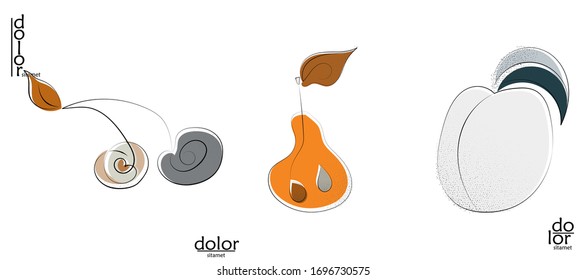 Abstract hand drawn vector artistic logo set isolated on white. Line art artistic illustration with texture. Retro flat colors organic natural Eco food design. Organic healthy vegan doodle.