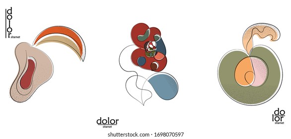 Abstract hand drawn vector artistic logo set isolated on white. Line art artistic illustration with texture. Retro flat colors organic natural Eco food design. Organic healthy vegan doodle.